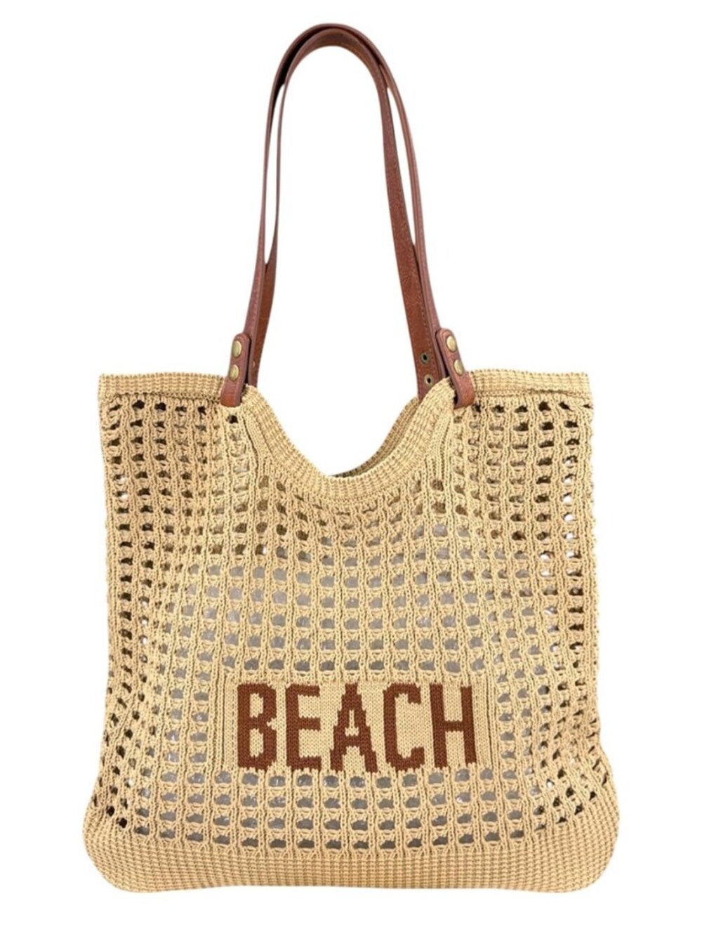 Women's Woven Beach Tote Purse - Cream/Light Brown Crochet Bag with Faux Leather
